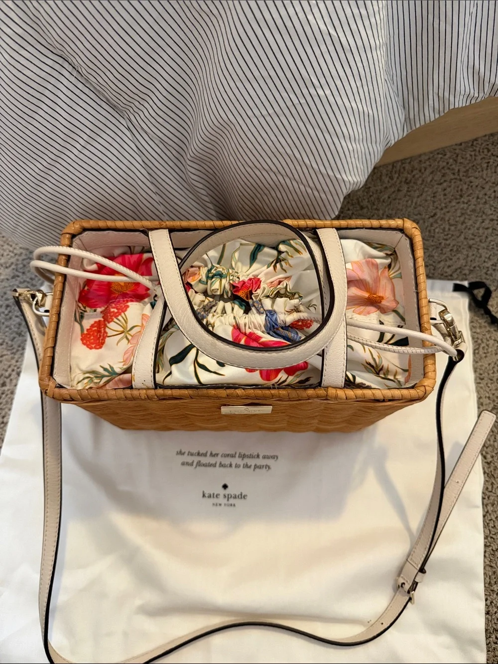 kate spade Sam Wicker Basket Bag with Cream Trim and Floral Interior - Picture 2 of 10